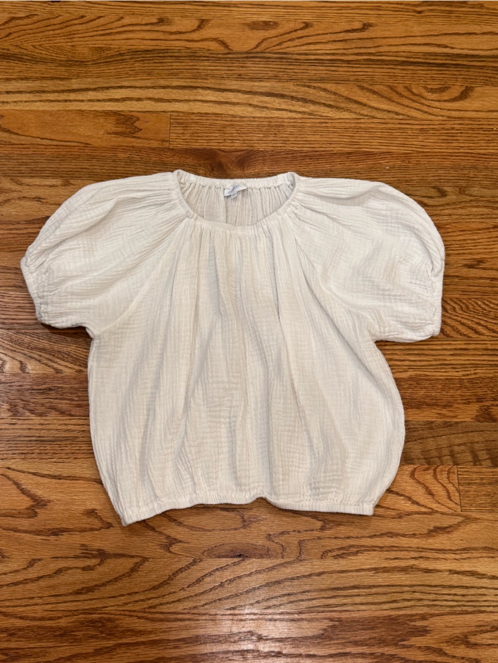 Pleat Girl’s White Puff Sleeve Top - Lightweight Gauze Shirt